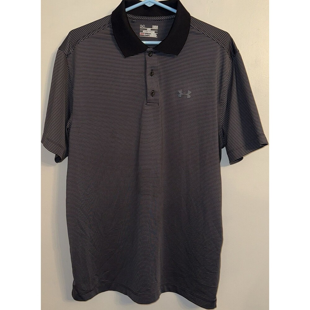 Under Armour HeatGear Gray Black Striped Loose Fit L Mens Performance Polo Shirt
